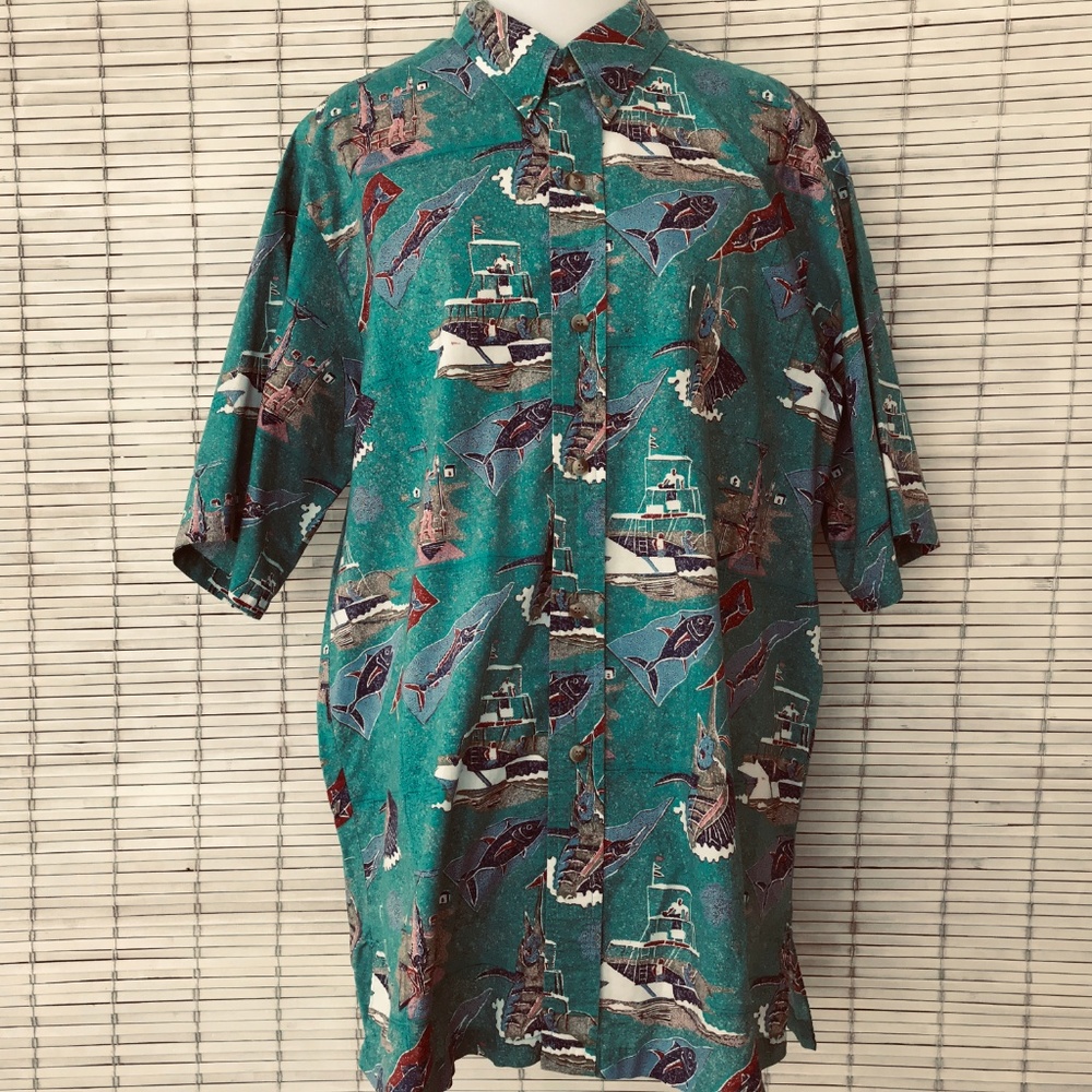 Kahala L Hawaii Aloha Shirt Vintage Fish Teal Green Deep Sea Ocean Vintage